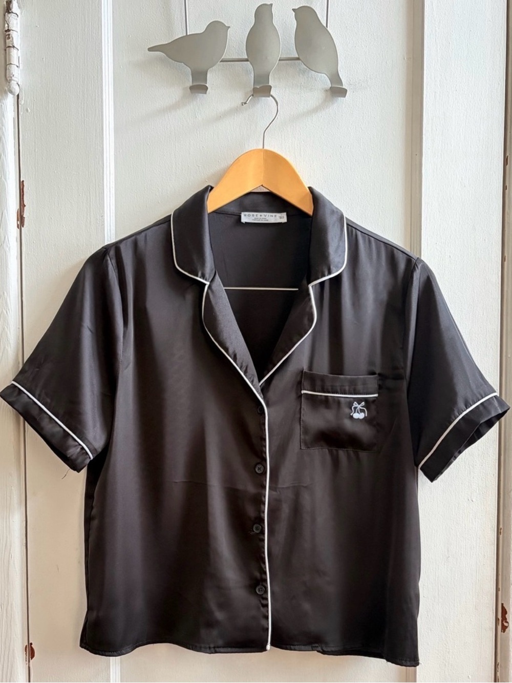 Short Sleeve Black Satin Pajama Top with White Piping